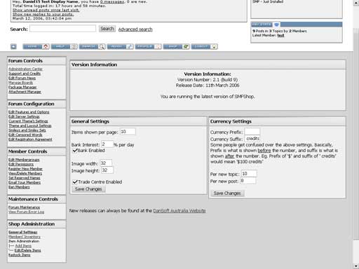 The SMFShop Administration page